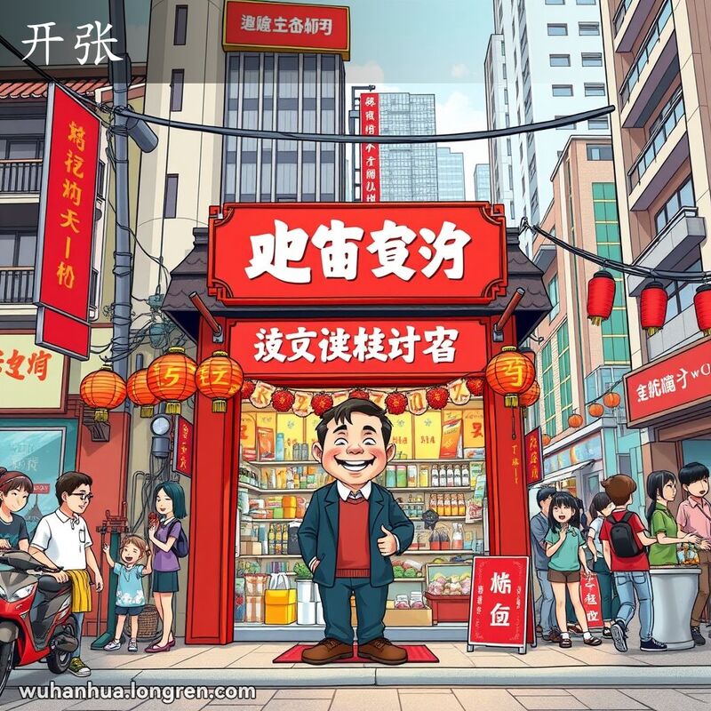 武汉街道上一家新开张的商店，店主微笑迎客，店内摆满商品，气氛热闹