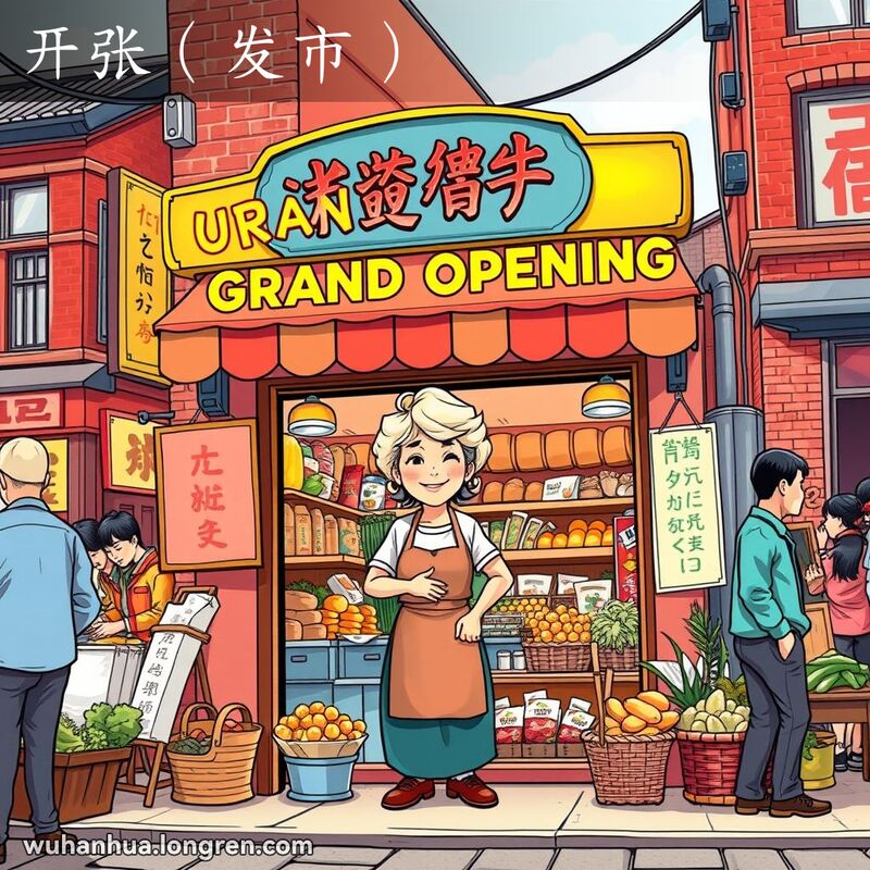 武汉街头市场，一家小店开张，店主微笑迎接顾客，店内摆满各种货物，背景是红砖建筑和老式招牌。