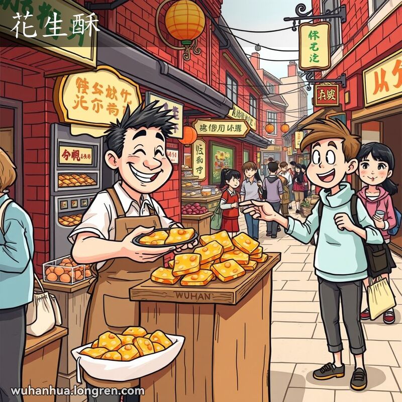 武汉街头市场，摊主微笑递上花生酥，顾客愉快接过，背景有其他小吃摊和行人