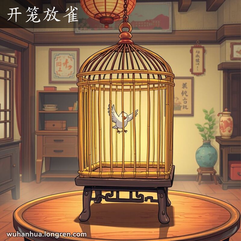 一个传统竹编鸟笼被打开，小鸟自由飞出，背景是温馨的老式房间