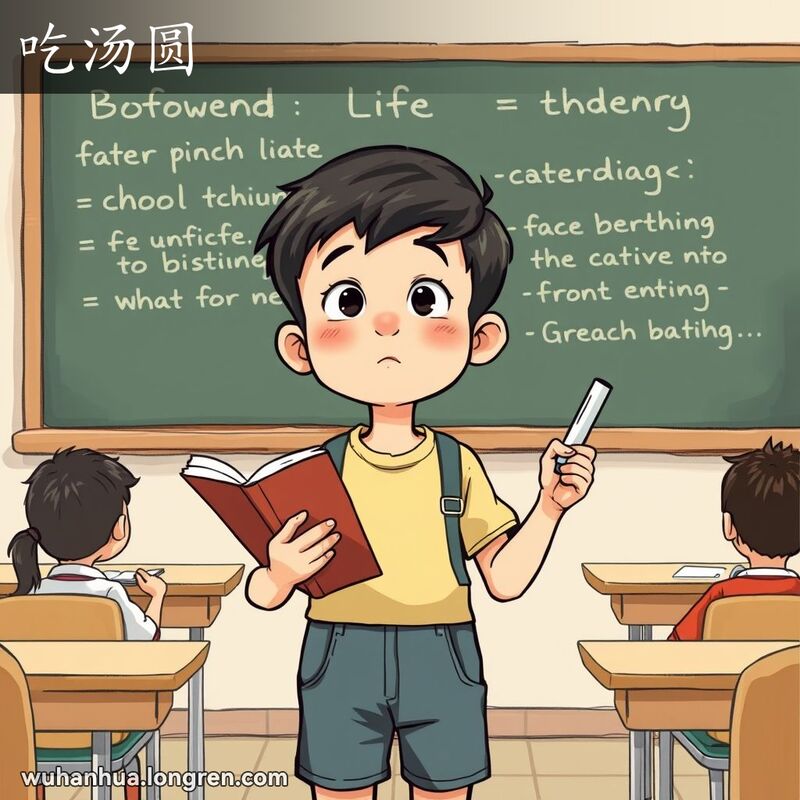 一位学生在课堂上背诵时停顿，手持书本和粉笔，站在黑板前，嘴巴微张，表情若有所思，背景是课堂环境，其他同学专注地看着他。