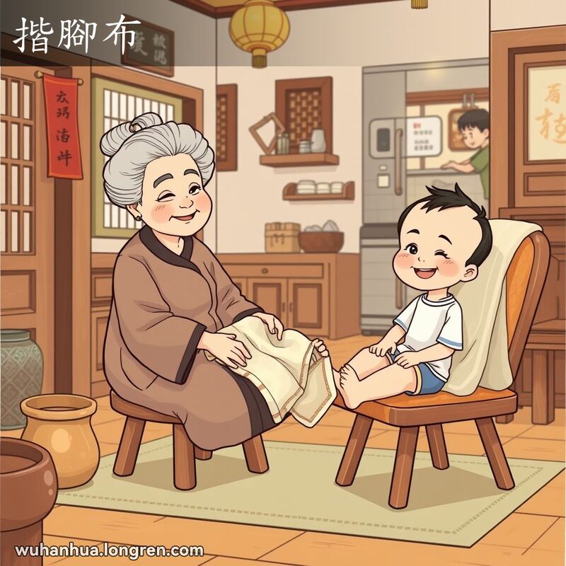 奶奶在家中用擦脚布擦拭孙子的脚，背景是温馨的武汉老家