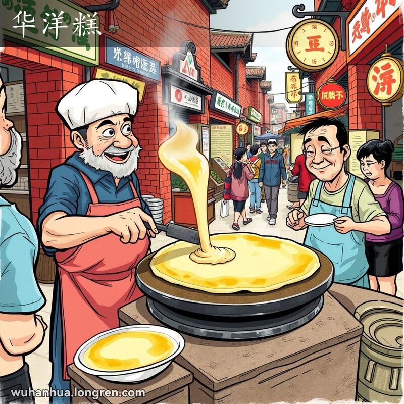 武汉街头市场，摊贩在铁板上制作华洋糕，顾客等待，背景有其他小摊和行人