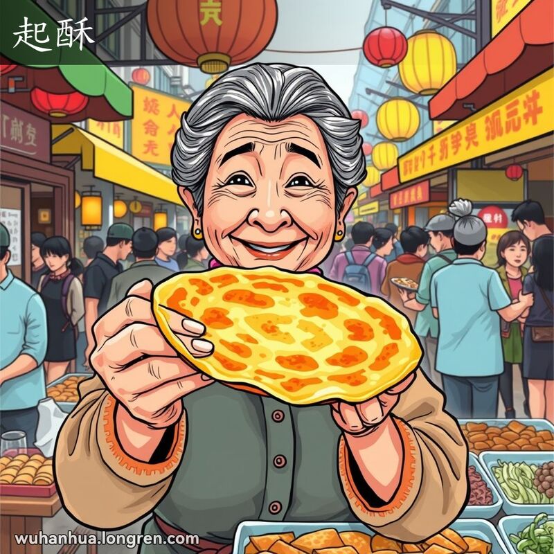 一位武汉街头小贩在市场中展示刚出锅的酥脆煎饼，背景是热闹的市场和其他小贩。