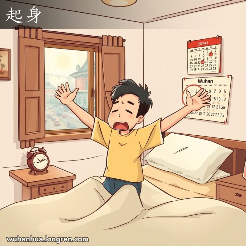 一位年轻人在传统中式卧室中起床，伸懒腰，背景有日历标记旅行日期