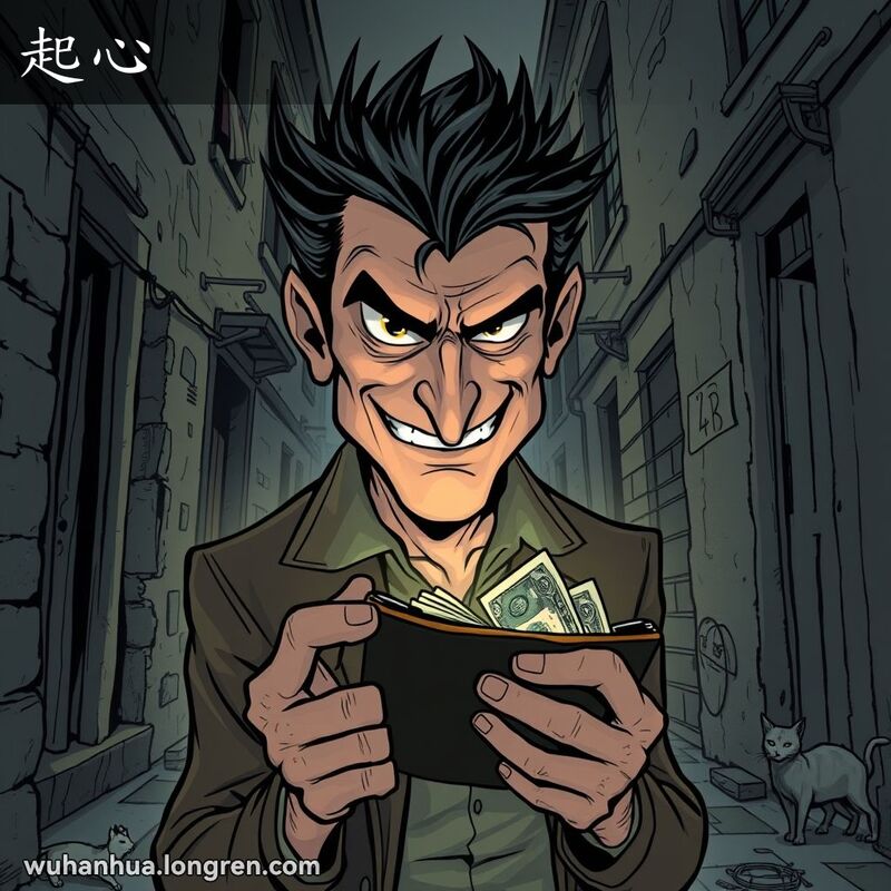 一位男子在阴暗巷子里捡到钱包，露出狡黠表情，背景是破旧建筑和流浪猫