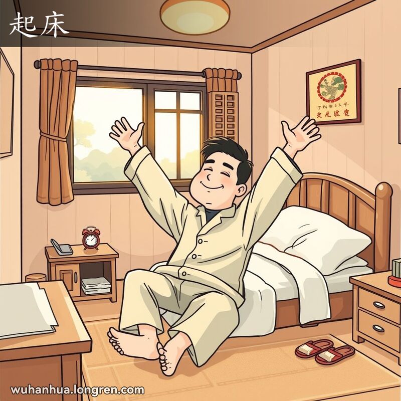 一位男子在床上伸懒腰，脸上带着困倦但满足的表情，背景是温馨的卧室