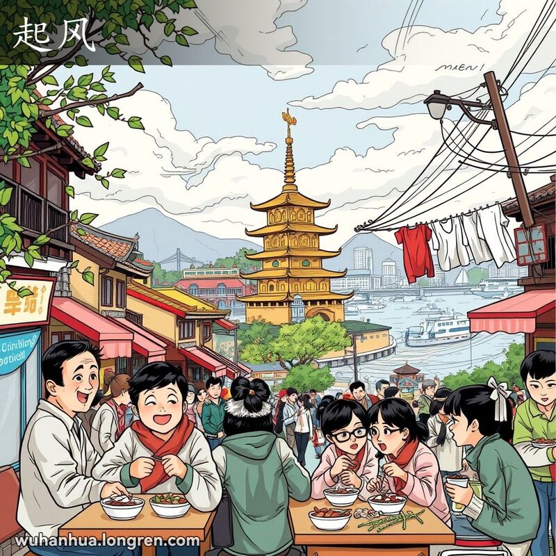 武汉街道上，当地人在户外摊位用餐，突然刮起一阵风，树叶和衣物随风飘动，人们惊讶地抓住帽子和碗。