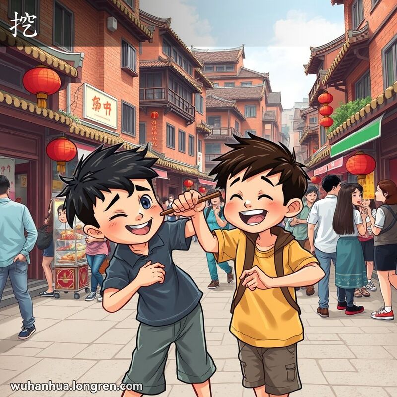 武汉街头，一个小男孩用棍子戳另一个小男孩，背景是武汉老街景