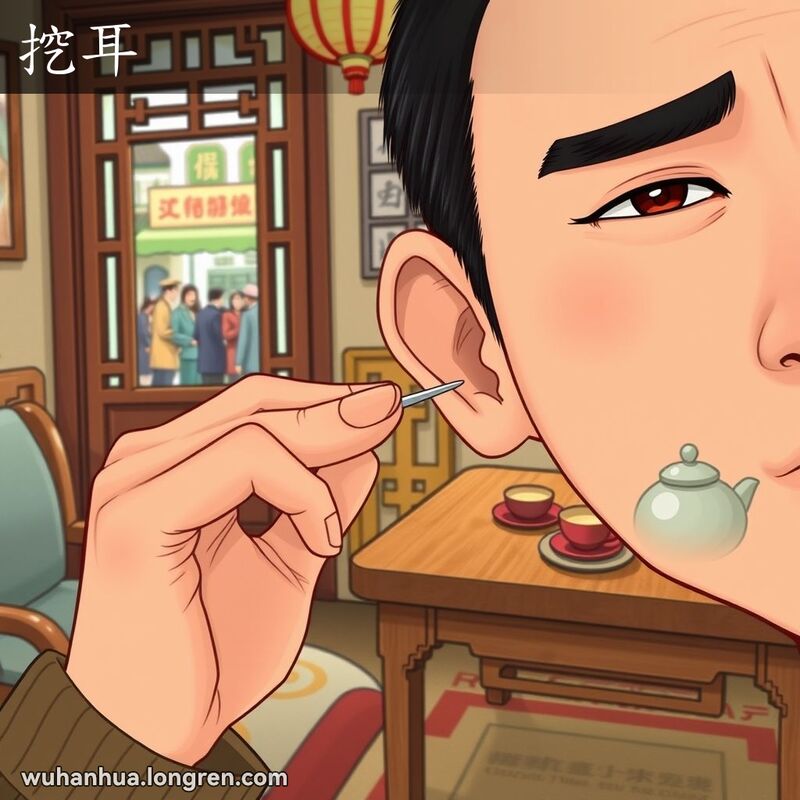 一位武汉市民正在用传统的银质耳挖子清理耳朵，背景是温馨的家庭环境和武汉街景