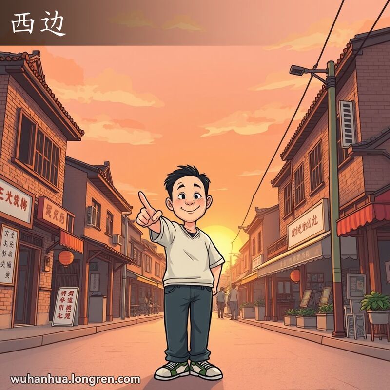 武汉老街夕阳西下，一位居民手指西方夕阳，背景是武汉老街景