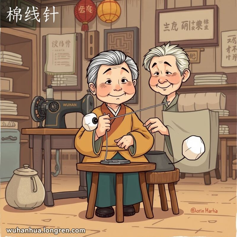 一位武汉老妇人坐在老式缝纫机前，手持粗大的缝衣针，背景是温馨的老房间。
