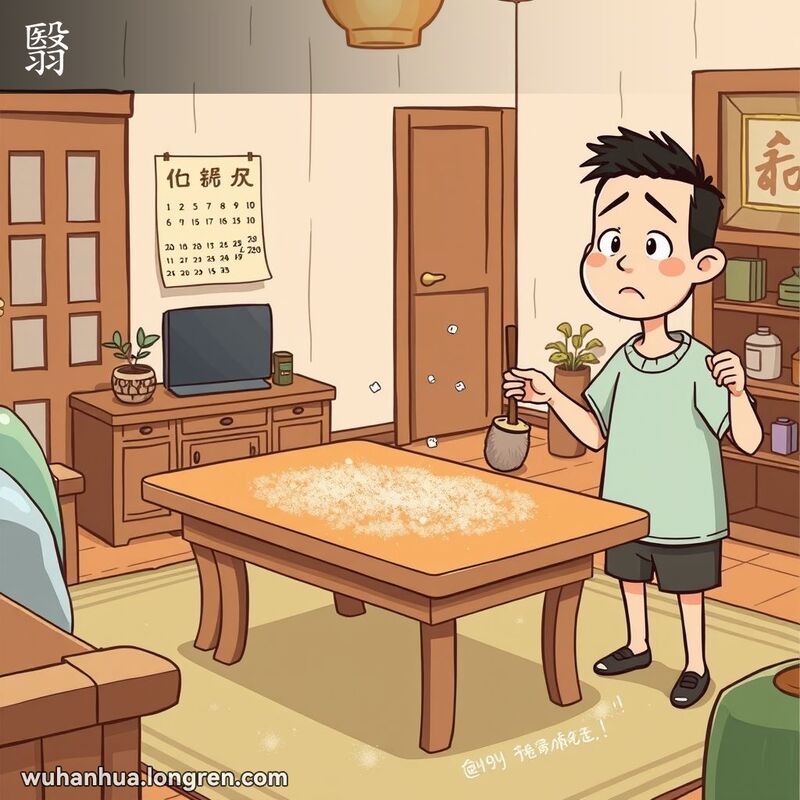 一位武汉市民站在家中的木质桌子旁，桌子上覆盖着一层薄薄的灰尘，空气中飘浮着几粒灰尘，市民手持掸子，指着桌子，脸上带着略显不满的表情，背景是武汉老房子。