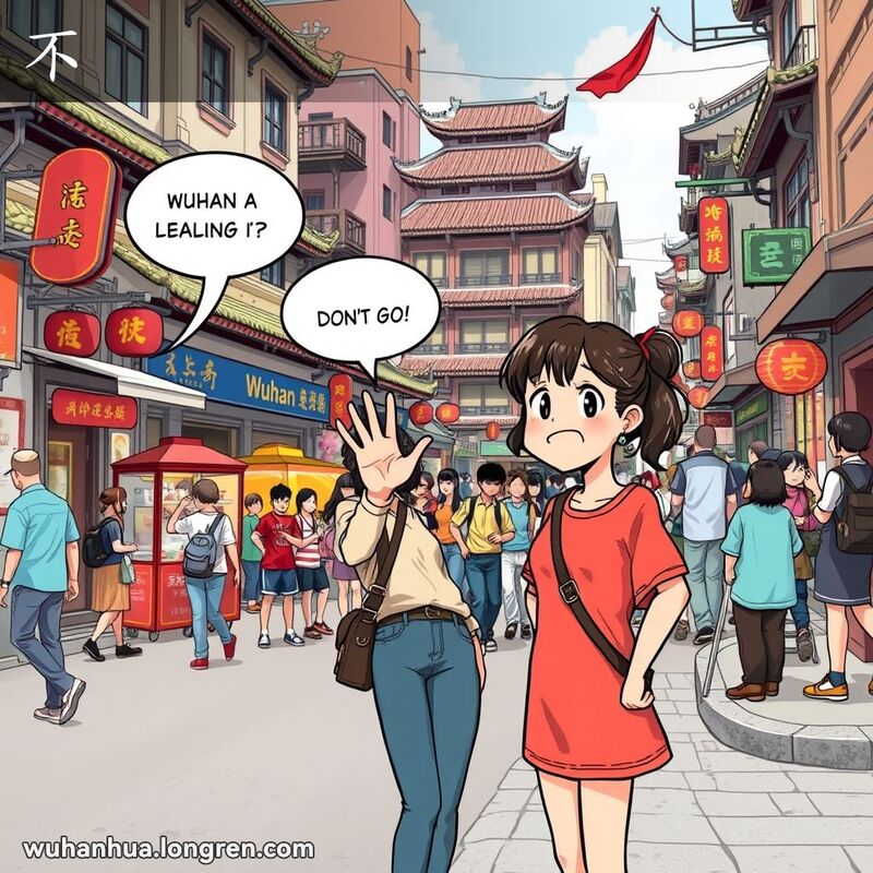 一位年轻女子在武汉街头阻止朋友过马路，背景是热闹的老街景