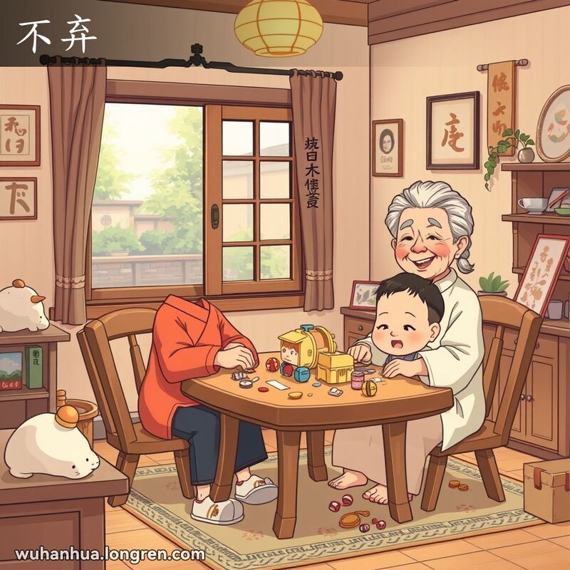 一位武汉奶奶在家中与孙子一起玩耍，孙子弄得有些乱，但奶奶依然微笑着，没有丝毫的嫌弃或不耐烦，背景是传统的武汉家庭环境