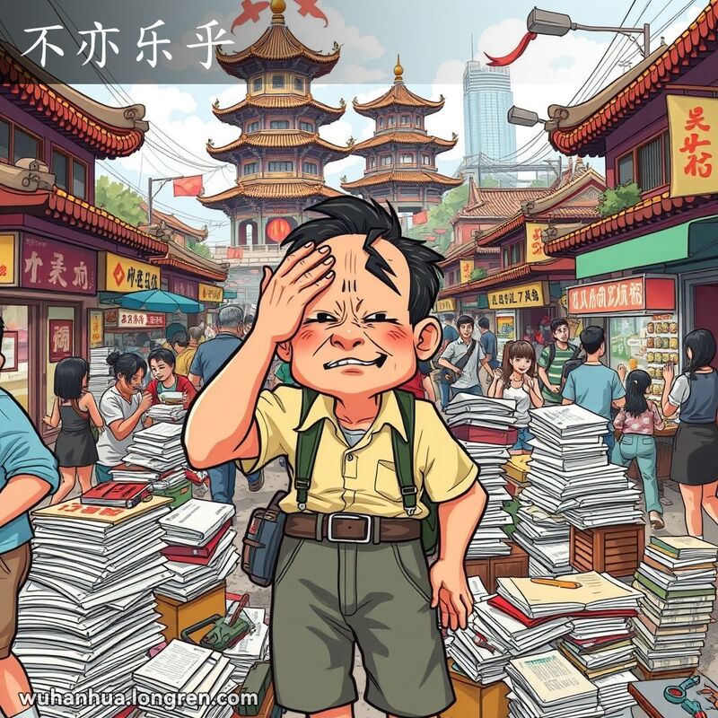 一位武汉市民在繁忙的街头被工作和杂物包围，显得疲惫但带有幽默感，背景有黄鹤楼和长江大桥等地标。