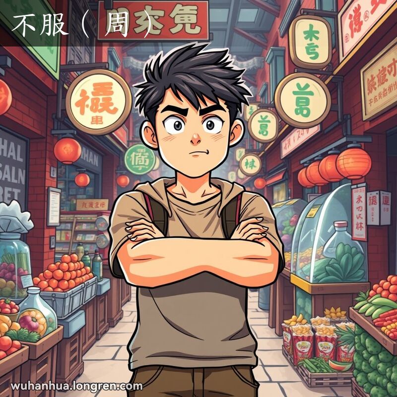 一位年轻的武汉男子站在热闹的市场中，双臂交叉，脸上带着不服气的表情，背景是武汉传统的红砖墙和老式招牌。