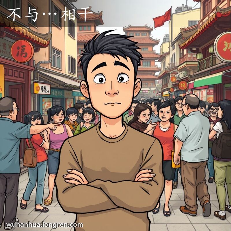 一位男子站在武汉街头，对身后的讨论毫无兴趣，背景是繁忙的街道和传统建筑