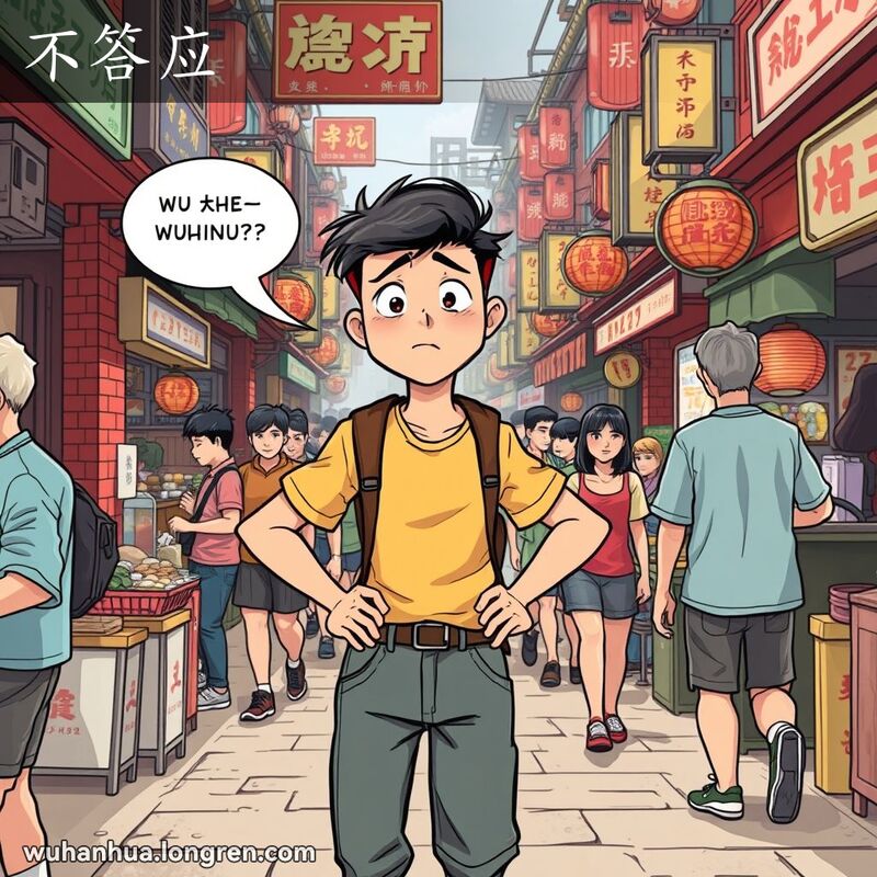 一位年轻男子在武汉街头市场呼喊朋友，朋友没有回应，男子露出困惑和沮丧的表情，背景是繁忙的武汉老街景。
