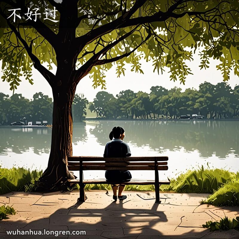 一位武汉市民独自坐在公园长椅上，神情忧郁，表现出“不好过”的情感痛苦，背景是宁静的公园景色