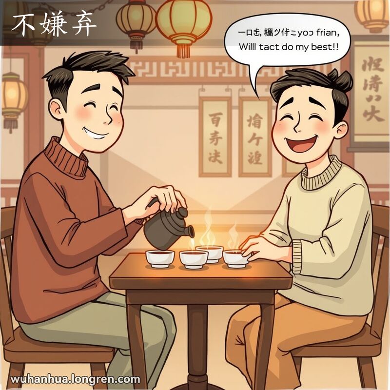 两位朋友在武汉茶馆中，一位倒茶，另一位露出感激的笑容，背景有灯笼和书法挂轴