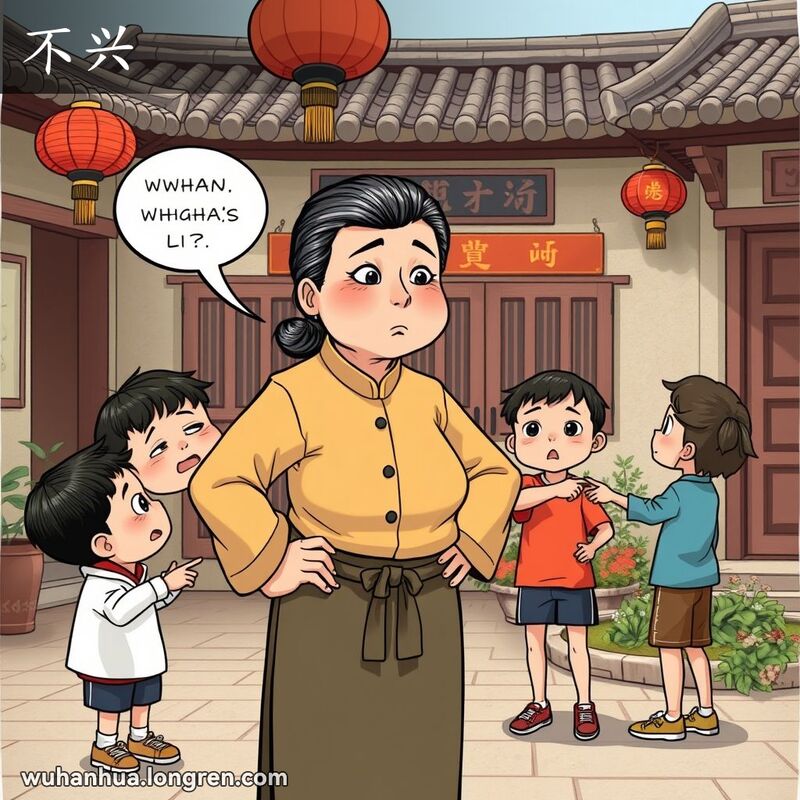 一位中年武汉妇女站在传统中式庭院中，严厉地看着一群争吵的孩子，表达“不兴”的意思。