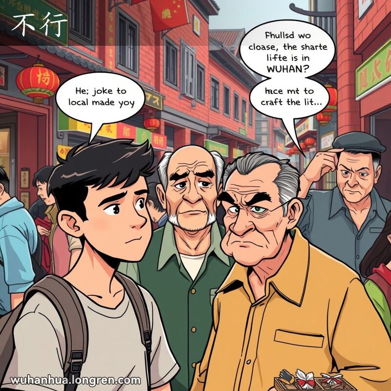 武汉街头市场，年轻人讲笑话被老者摇头表示不行，背景中摊贩对手工艺品不满意。