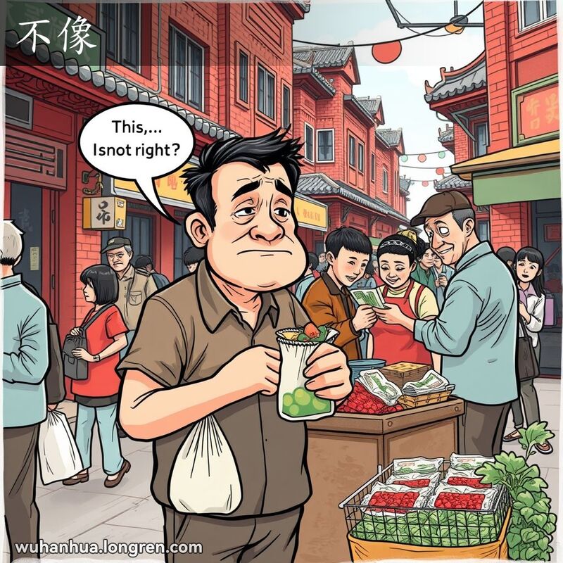 一位男子在武汉市场小摊前，手拿不足的物品，露出不满表情，背后摊贩在数钱，背景是热闹的武汉街市。