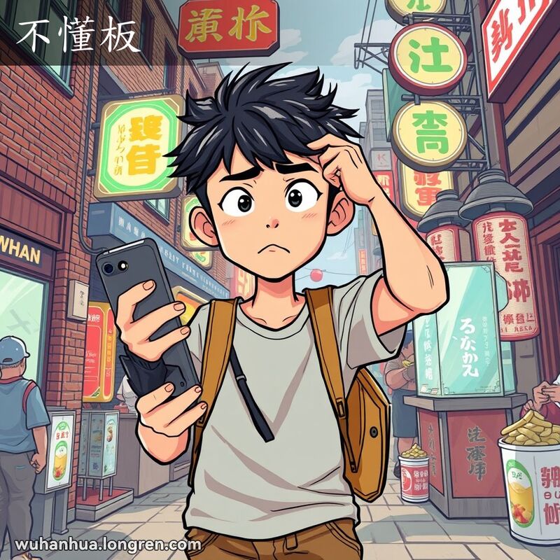 一位年轻的武汉市民站在市场中，手持智能手机，露出困惑和略带叛逆的表情，背景是武汉街景