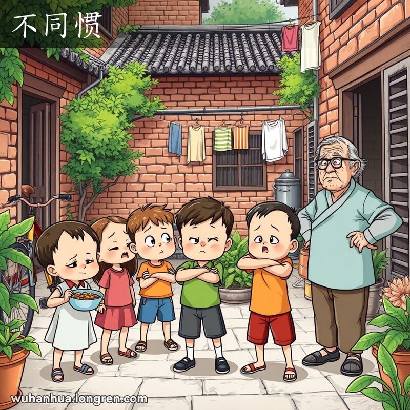 一群孩子在武汉庭院中表现任性，长者无奈地看着他们，背景有老街元素