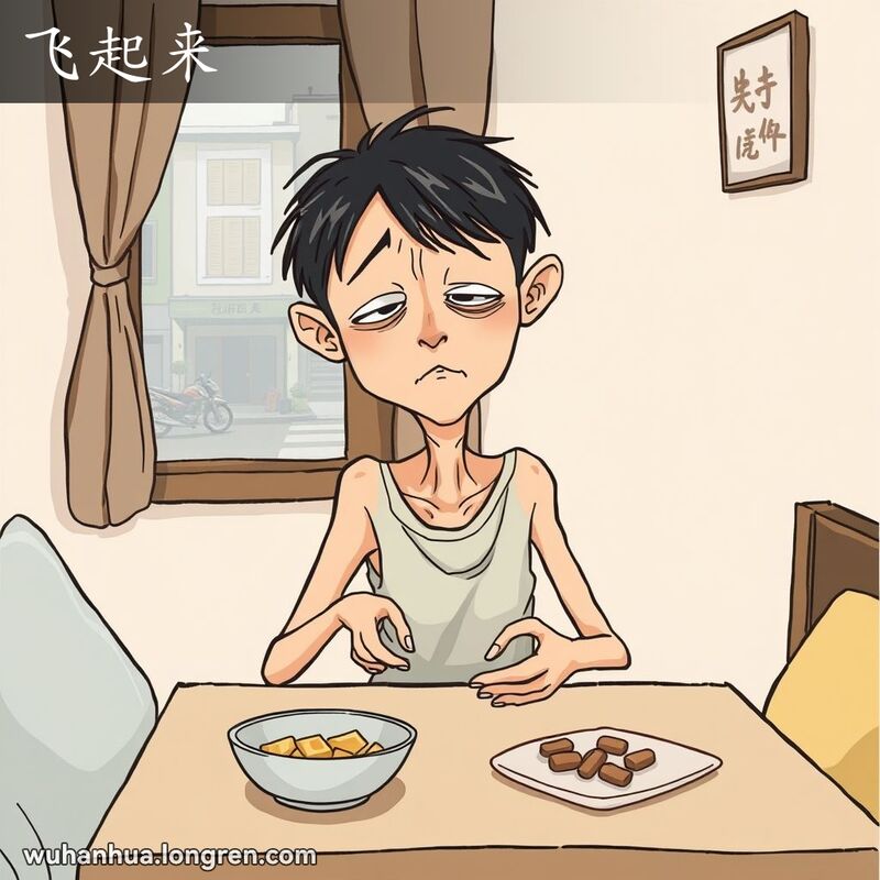 一位虚弱的人坐在桌前，面前摆着一碗几乎没动的食物，神情疲惫，衣服显得有些宽松，突显出他的消瘦体态，背景是一个简朴的房间，窗外是宁静的武汉街景。