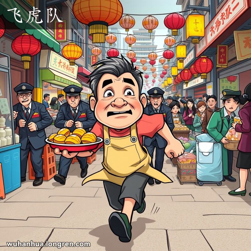武汉街头市场，一位小贩快速奔跑躲避执法人员，背景是热闹的市场摊位和人群