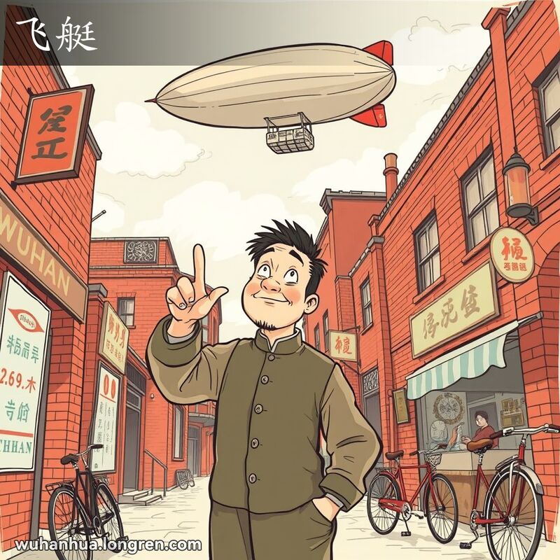一位武汉市民站在老街上，指着天空中的飞艇，背景有红砖墙和老式招牌