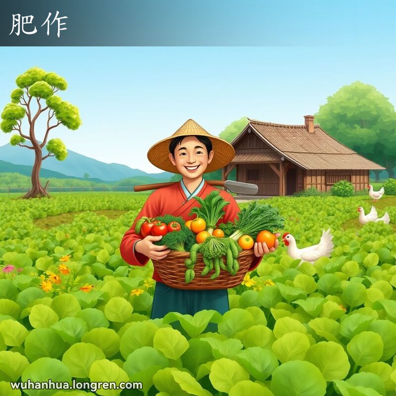 一位武汉农民站在丰收的农田中，手持一篮新鲜蔬菜，背景是蓝天白云、小木屋和自由徜徉的鸡鸭
