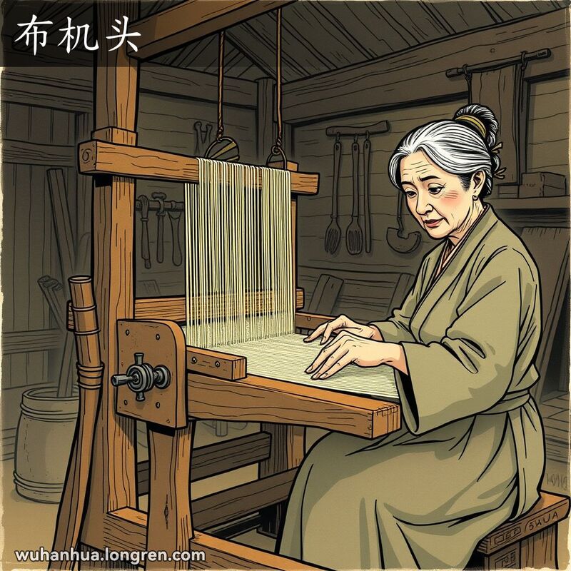 一位老妇人在旧式织布机前忙碌，背景是昏暗的房间和旧工具，展示了“布机头”的含义。