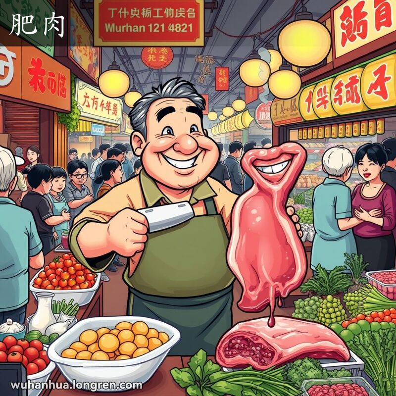 武汉传统市场中，肉贩展示肥美的五花肉，背景是热闹的市场场景