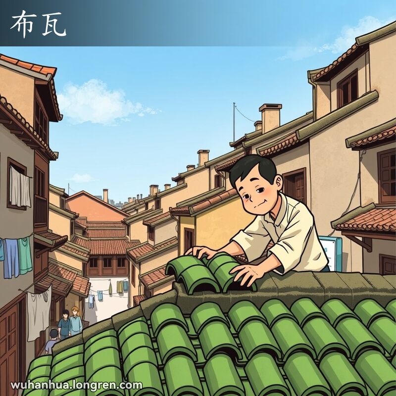 一位工匠在武汉老街屋顶上铺设小青瓦（布瓦），背景是老建筑和日常生活景象