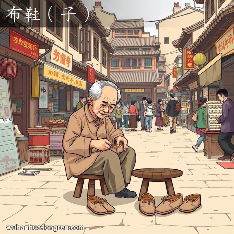 一位老人在武汉街市上手工制作布鞋，背景是热闹的市场场景和传统建筑。