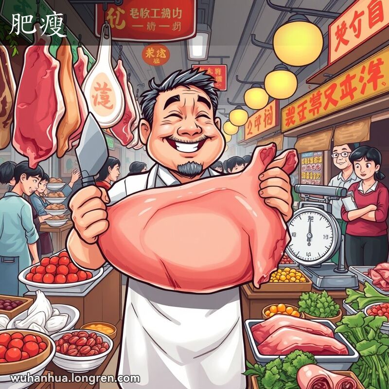 武汉传统市场中的猪肉摊，摊主手持肥瘦均匀的猪肉，背景是热闹的市场场景