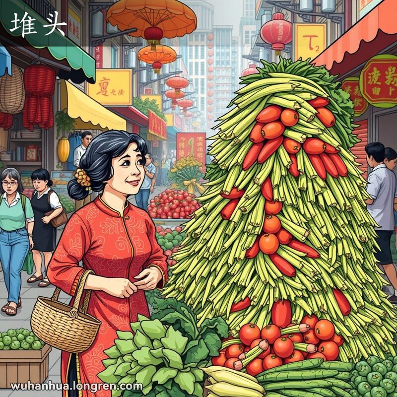 一位中年妇女在武汉街头市场站在一大堆蔬菜旁，展示了“堆头”的场景