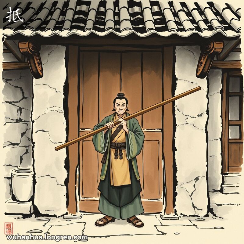 一位身穿传统中式服装的男子用木棍顶住木门，背景是古色古香的中式庭院