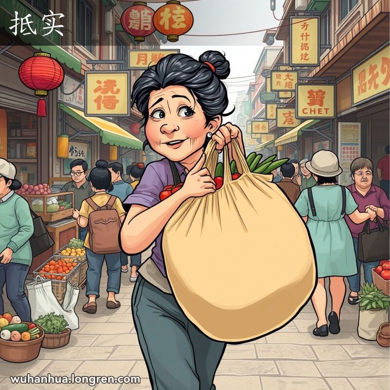 一位中年妇女在武汉市场中提着沉重的购物袋，袋子里装满了日常用品，背景是武汉的传统街景