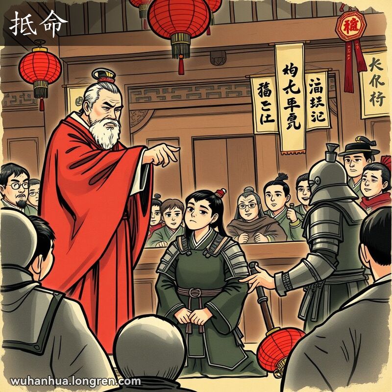 古代中国法庭场景，法官指着跪地的犯人，犯人露出悔恨的表情，背景有红灯笼和书法卷轴