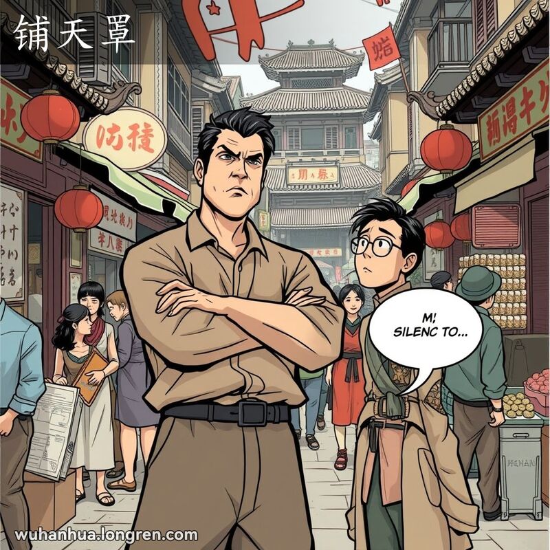 一位武汉男子自信地站立，双臂交叉，低头看着另一位无言以对的人，背景是繁忙的市场场景，表现“铺天罩”的语义。