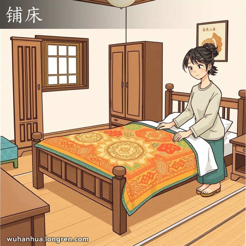 一位年轻女子在卧室中铺床，背景有传统中式家具和自然光