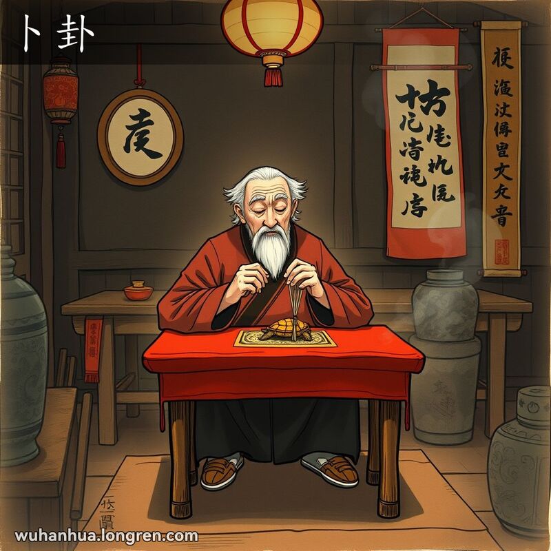 一位老人在昏暗的房间内，坐在小木桌前，桌上放着古老的占卜工具，闭目凝神，房间内香烟缭绕，墙上挂着传统装饰和书法字画。