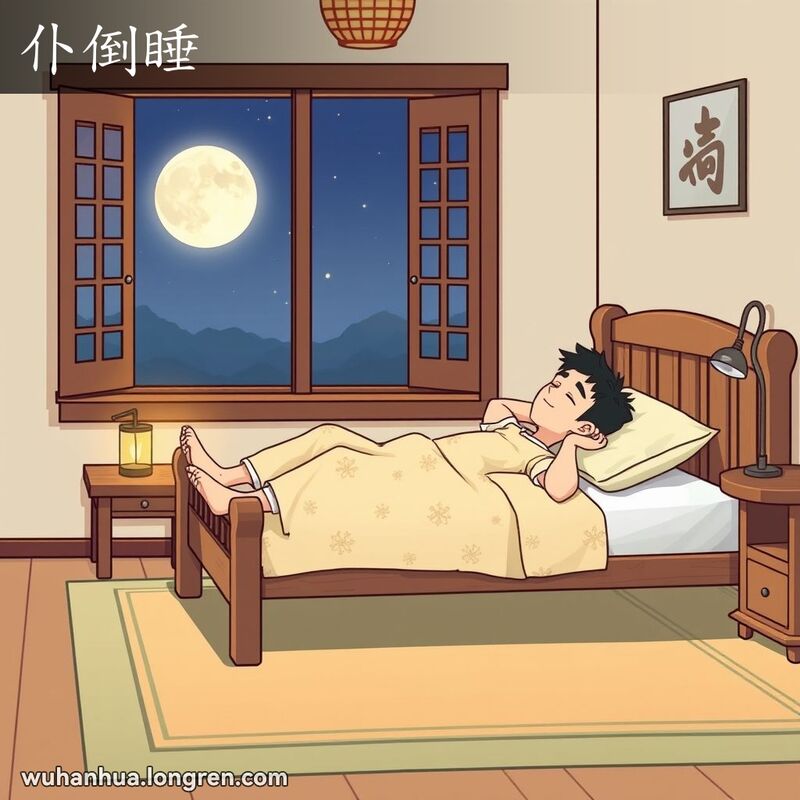 一位年轻男子在温馨的卧室中趴在床上睡觉，脸朝下，表情放松，背景是传统中式装饰的房间。