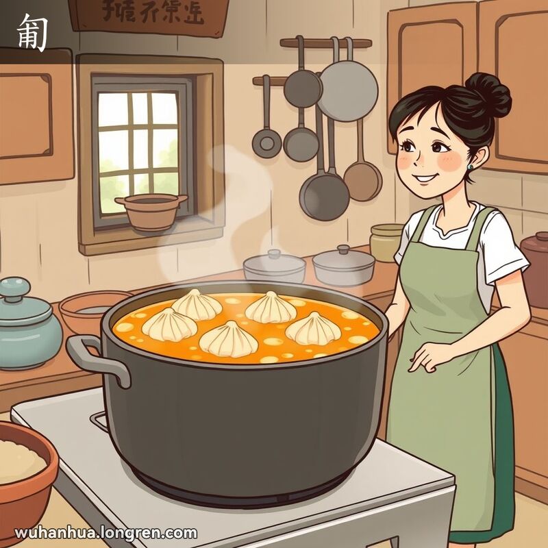 一个武汉厨房里，女人站在炉子旁，看着锅里浮起的汤圆，背景温馨。