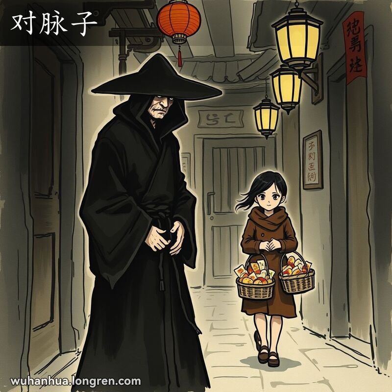 一个神秘人物在武汉老街小巷中观察路人的面貌，背景是木门和灯笼