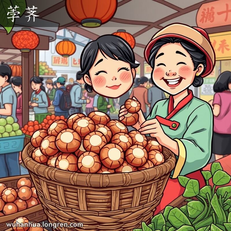 武汉市场摊位上的荸荠，摊主展示给顾客，背景是忙碌的市场和其他摊位